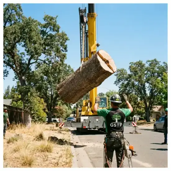 Crane lowering a tree section during a Sacramento removal